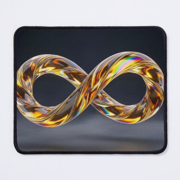 Item preview, 3D render of a golden liquid glass infinity symbol on dark studio background. Abstract Mobius strip loop representing neurodiversity, eternity, and continuity. High quality texture. designed and sold by PEUCETA-BA.
