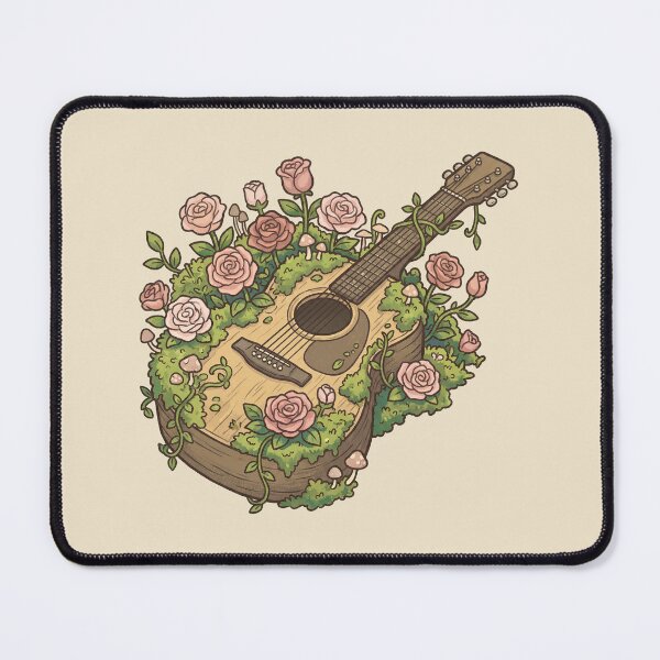 Item preview, Overgrown Flowers Guitar Acoustic Instrument, Mossy Cottagecore Aesthetic, Pink Roses And Mushrooms designed and sold by Magnificent Lizard.