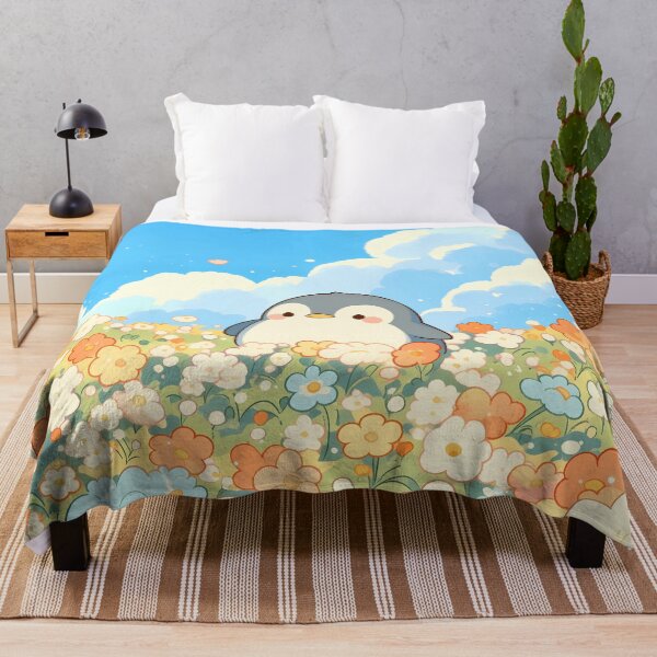Item preview, Happy Kawaii Baby Penguin in Sunny Orange Flower Meadow designed and sold by AshiraCreations.