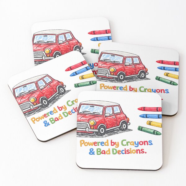 Item preview, Powered by Crayons & Bad Decisions – Funny Classic Mini red designed and sold by ColinsCars.