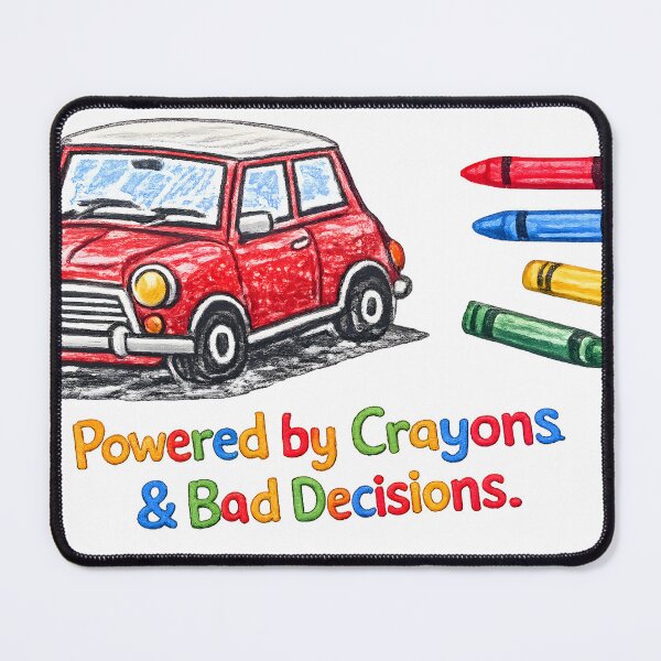 Item preview, Powered by Crayons & Bad Decisions – Funny Classic Mini red designed and sold by ColinsCars.