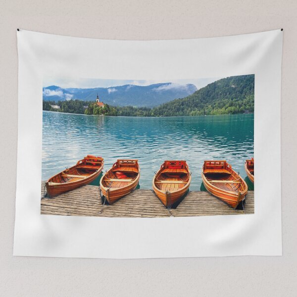Item preview, Wooden boats and Pilgrimage Church of the Assumption of Maria,Lake Bled,summer season designed and sold by goceris.
