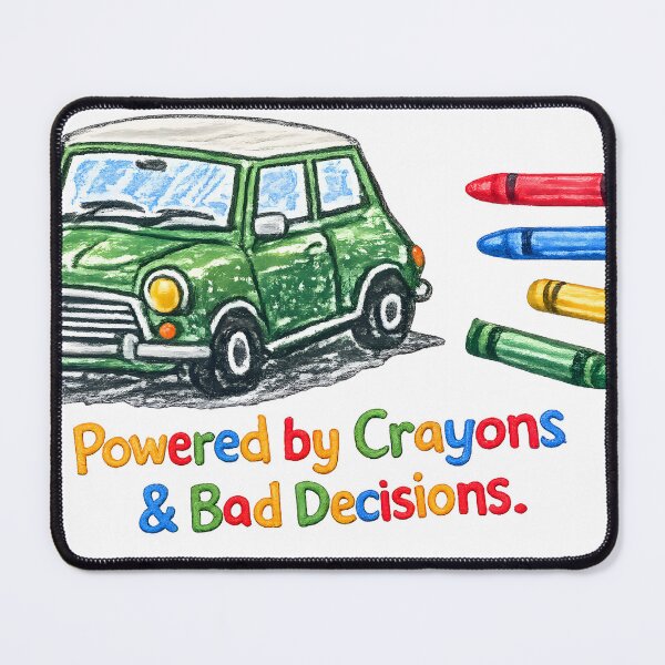 Item preview, Powered by Crayons & Bad Decisions – Funny Classic Mini green designed and sold by ColinsCars.
