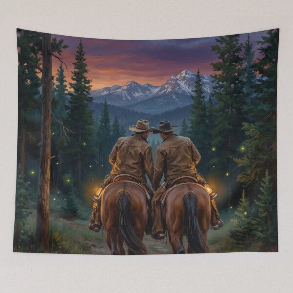 Item preview, Gay Cowboys Riding Horses Into Sunset Mountain Landscape Art designed and sold by kornkobart.