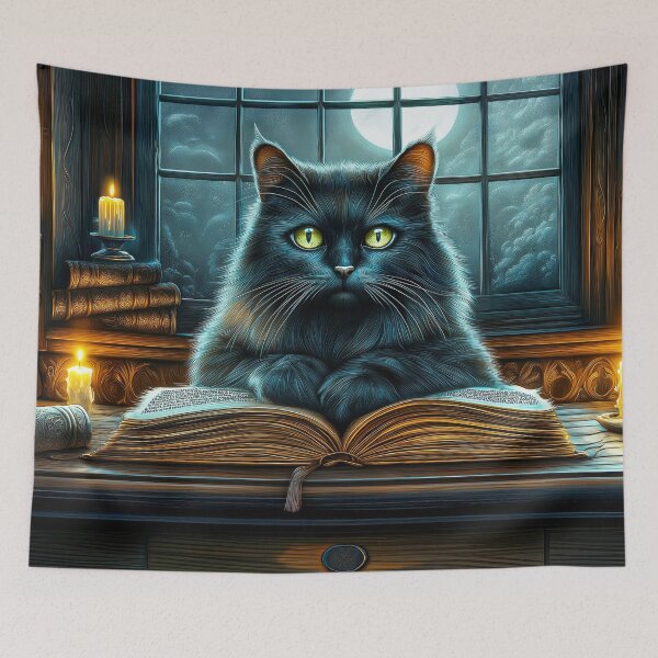 Item preview, Black Cat in Library – Gothic Dark Academia Fantasy Art designed and sold by MargaretWiktor.