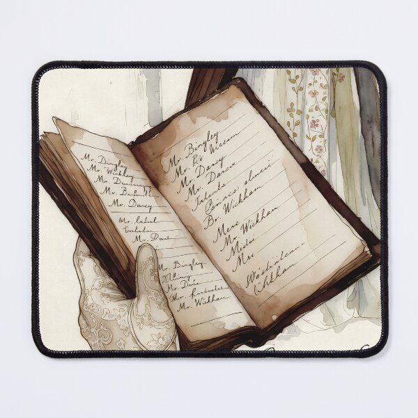 Item preview, Copy of Party guest list with calligraphy and glove on open book page shows names and notes from a gathering in a historical setting designed and sold by SpaceartLilu.