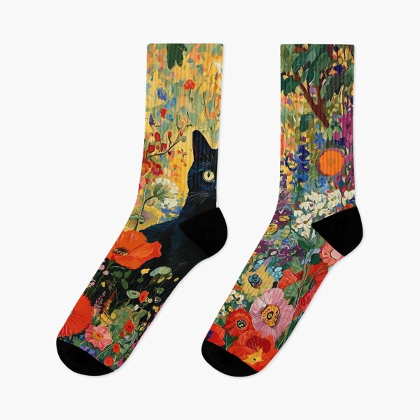 Artikelvorschau, Schwarze Katze im Klimt-Blumengarten entworfen und verkauft von Vicky Brago-Mitchell®.