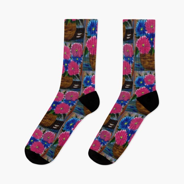 Artikelvorschau, Rosa und blaue Gänseblümchen in einer runden braunen Schale entworfen und verkauft von kkartwork.