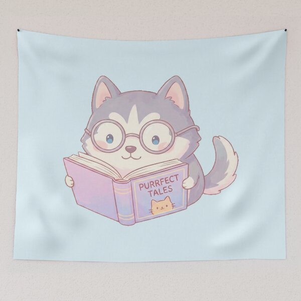 Item preview, Kawaii Husky Bookworm - Cute Dog Reading "Purrfect Tales" Sticker designed and sold by DogLord.