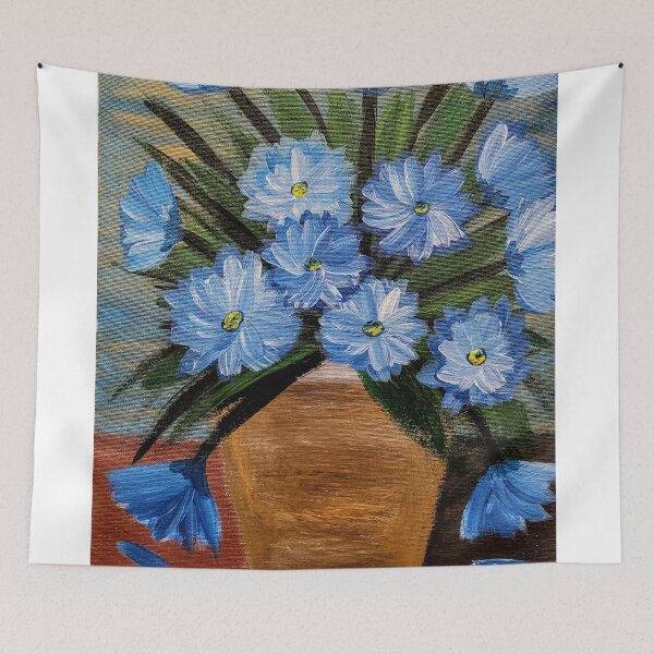 Item preview, Blue Cornflowers in Geometric Brown Vase designed and sold by kkartwork.