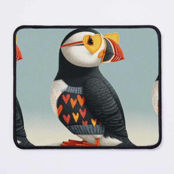 Item preview, Puffin in a sweater wearing heart glasses valentines day card designed and sold by MendaciousMina.
