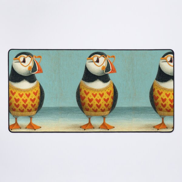 Item preview, Puffin in a sweater wearing heart glasses valentines day card designed and sold by MendaciousMina.