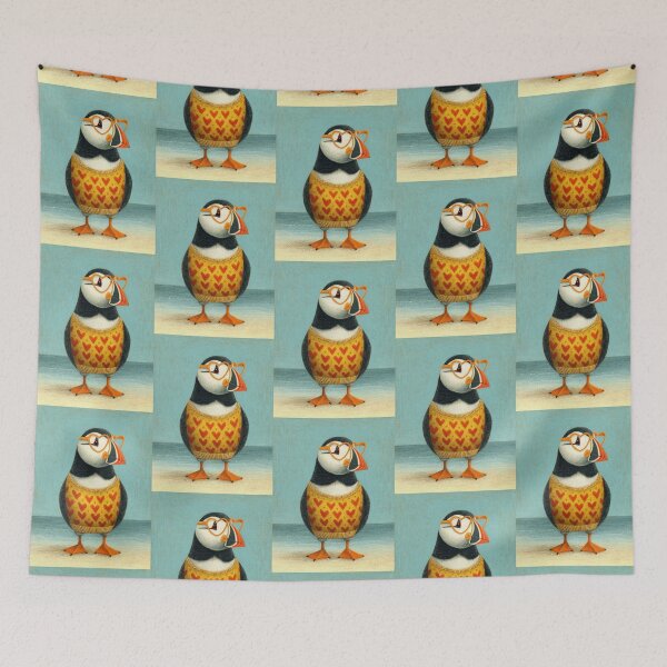 Item preview, Puffin in a sweater wearing heart glasses valentines day card designed and sold by MendaciousMina.