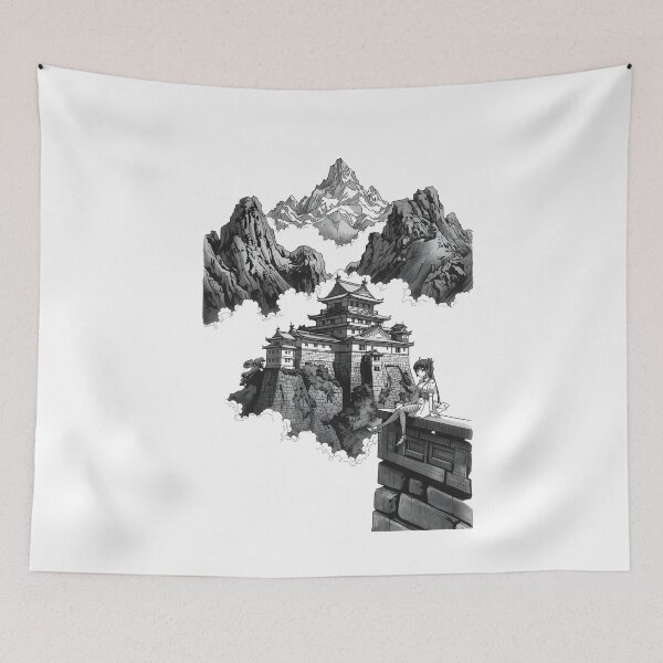Item preview, Mountain Sanctuary Castle Poster Sumi-e Ukiyo-e ink Art designed and sold by blacksealstudio.