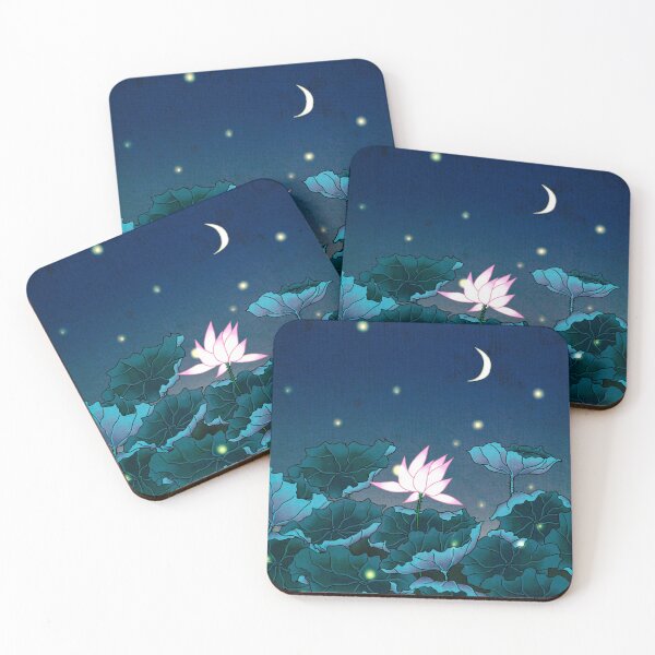 Item preview, Korean Lotus Pond Art - Magical Night with Fireflies and Moonlight designed and sold by QamarART Paintings.