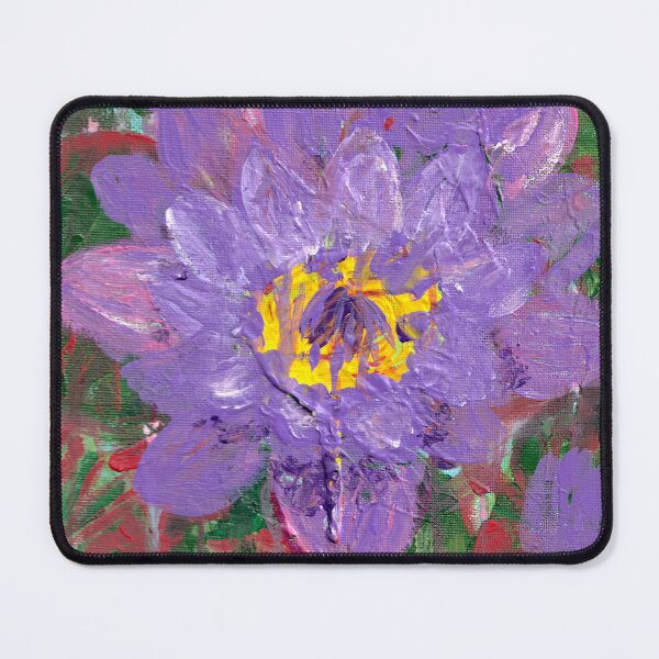 Item preview, water lily in the rain from an original acrylic painting of a purple waterlily in a murky pond surrounded by reed speckled leaves designed and sold by empressbat merch.
