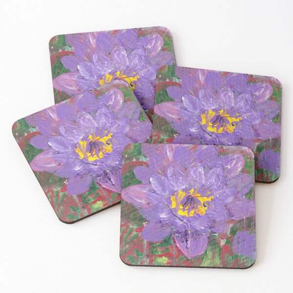 Item preview, water lily in the rain from an original acrylic painting of a purple waterlily in a murky pond surrounded by reed speckled leaves designed and sold by empressbat merch.