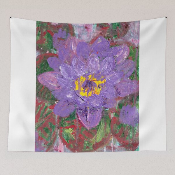 Item preview, water lily in the rain from an original acrylic painting of a purple waterlily in a murky pond surrounded by reed speckled leaves designed and sold by empressbat merch.