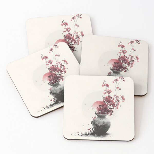 Item preview, Wabi-Sabi Red Blossoms in Vase | Zen Floral Art with Moon Backdrop designed and sold by FlowNestStudio.