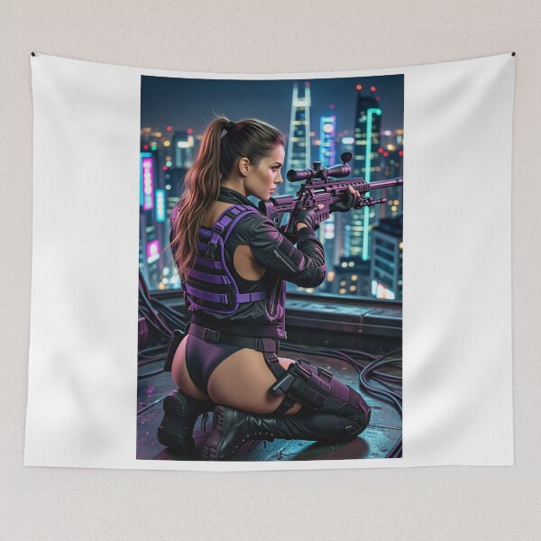 Item preview, Cyberpunk Sniper on Neon Rooftop designed and sold by CathryneDelamort.