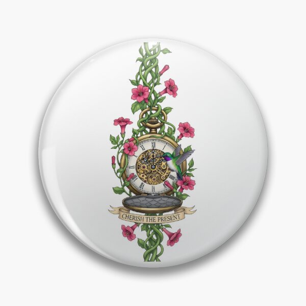 Item preview, Vintage Pocket Watch Flowers Art – Cherish the Present, Steampunk Botanical Hummingbird Tattoo designed and sold by Luminari Creations.