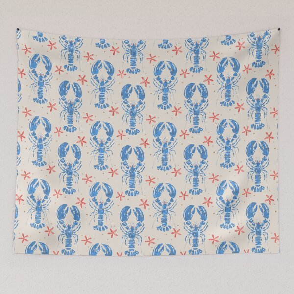 Item preview, Vintage Blue Lobster & Red Starfish Pattern. Nautical Block Print Ocean Art designed and sold by SIR13.