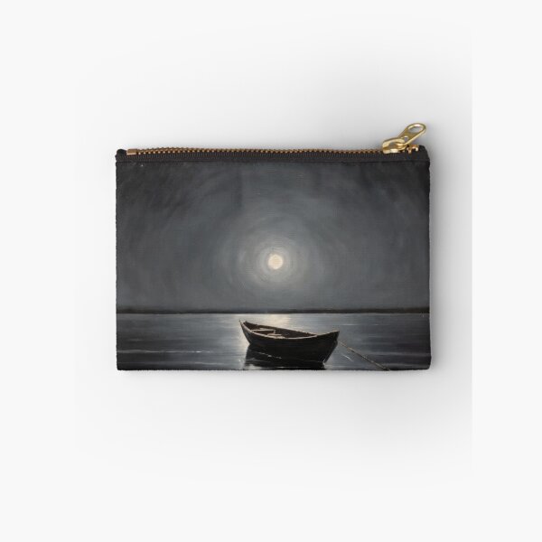 Item preview, Lonely Boat in Moonlight – Dark Moody Night Scene Oil Painting Style designed and sold by Visualynx.