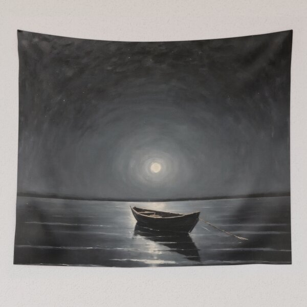 Item preview, Lonely Boat in Moonlight – Dark Moody Night Scene Oil Painting Style designed and sold by Visualynx.