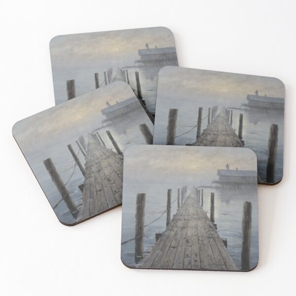 Item preview, Old Wooden Pier in Fog – Mystic Lake House Landscape designed and sold by Visualynx.