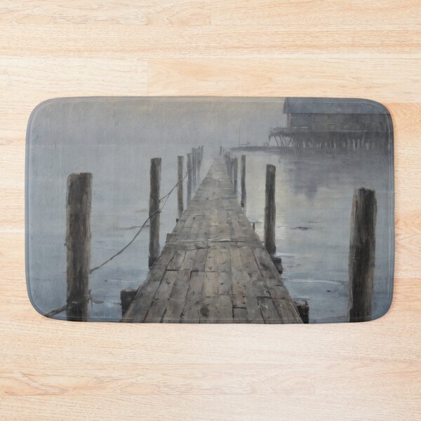 Item preview, Old Wooden Pier in Fog – Mystic Lake House Landscape designed and sold by Visualynx.
