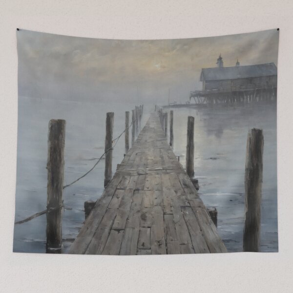 Item preview, Old Wooden Pier in Fog – Mystic Lake House Landscape designed and sold by Visualynx.