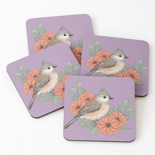 Item preview, Tufted Titmouse With Coral Blooms  designed and sold by BirdsnStuff.