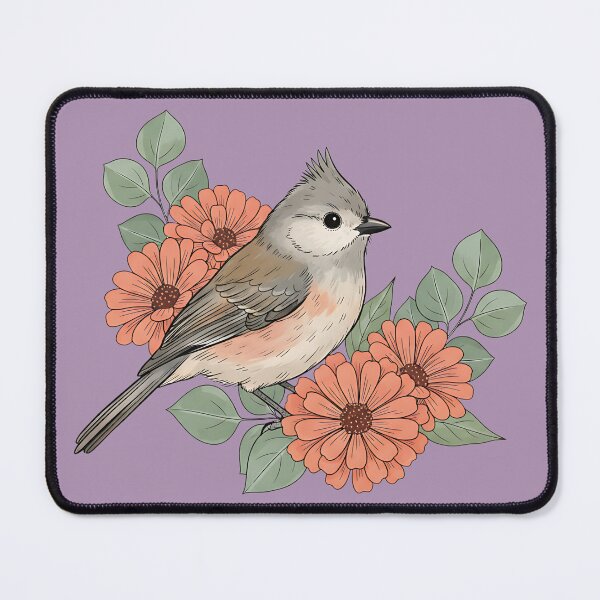 Item preview, Tufted Titmouse With Coral Blooms designed and sold by BirdsnStuff.