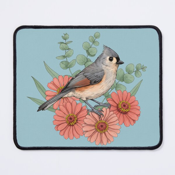 Item preview, Vintage Tufted Titmouse Coral Zinnia designed and sold by BirdsnStuff.