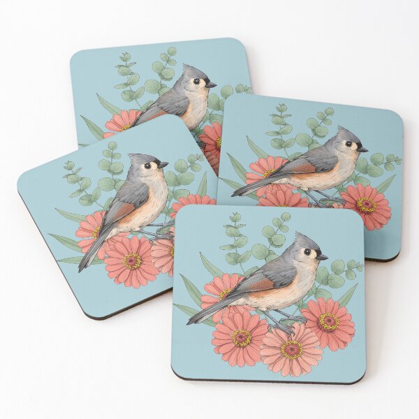 Item preview, Vintage Tufted Titmouse Coral Zinnia designed and sold by BirdsnStuff.