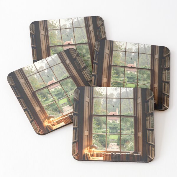 Item preview, View from a library window showing bookshelves and a garden in the background during morning light designed and sold by SpaceartLilu.