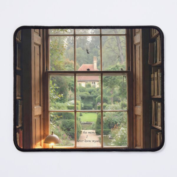 Item preview, View from a library window showing bookshelves and a garden in the background during morning light designed and sold by SpaceartLilu.
