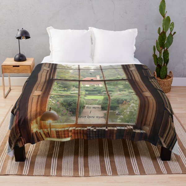Item preview, View from a library window showing bookshelves and a garden in the background during morning light designed and sold by SpaceartLilu.