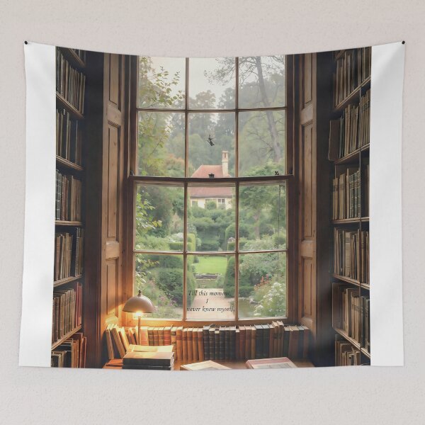 Item preview, View from a library window showing bookshelves and a garden in the background during morning light designed and sold by SpaceartLilu.