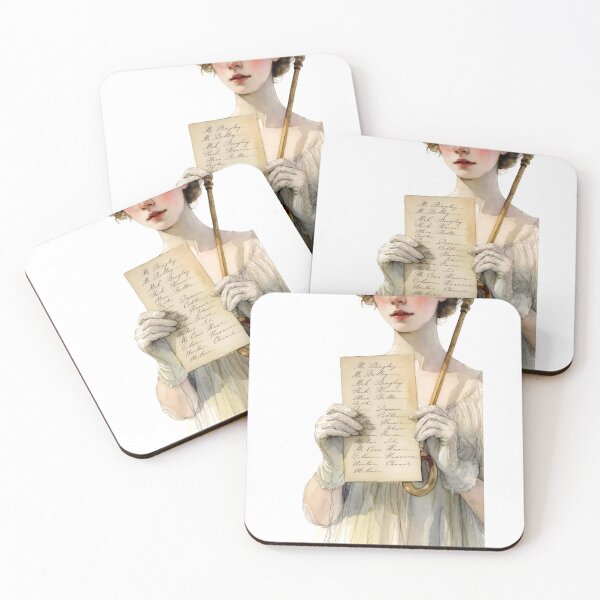 Item preview, Woman at a social event holding a guest list while wearing elegant attire and holding an umbrella in a historic setting designed and sold by SpaceartLilu.