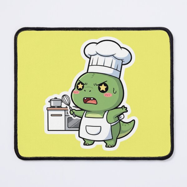 Item preview, Angry Cute Green Dinosaur Chef Cooking in Kitchen Kawaii T Rex Baker Art Illustration designed and sold by bvdesignart.