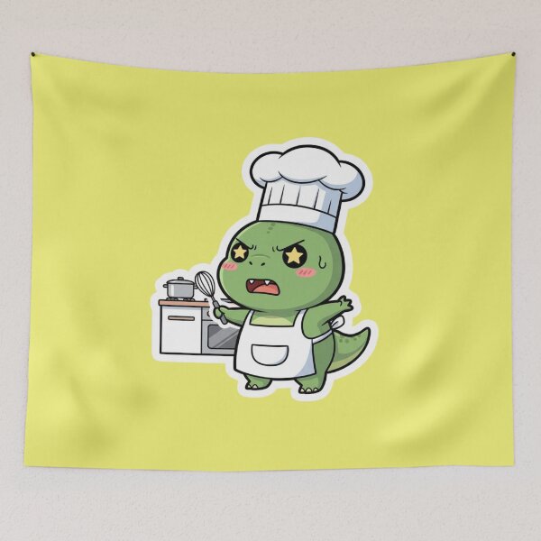 Item preview, Angry Cute Green Dinosaur Chef Cooking in Kitchen Kawaii T Rex Baker Art Illustration designed and sold by bvdesignart.