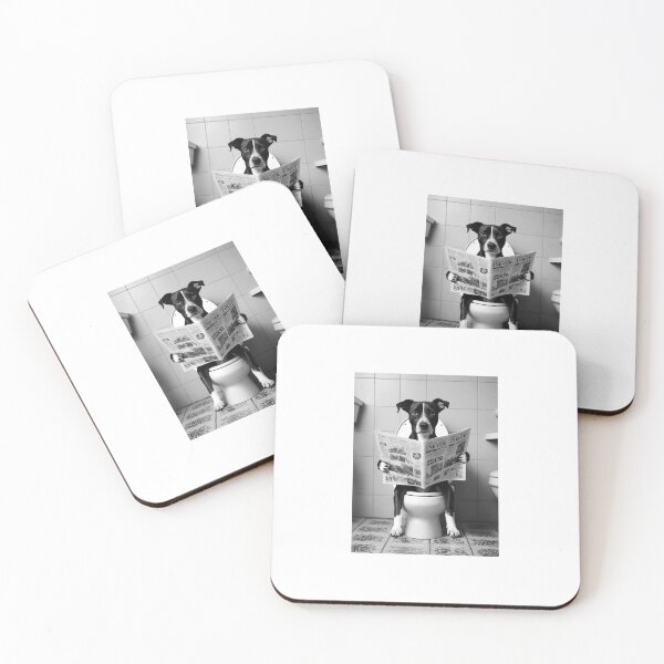 Item preview, Arte divertido para pared de baño con perro | Perro en el inodoro leyendo el periódico | Decoración humorística en blanco y negro designed and sold by apixelwall.