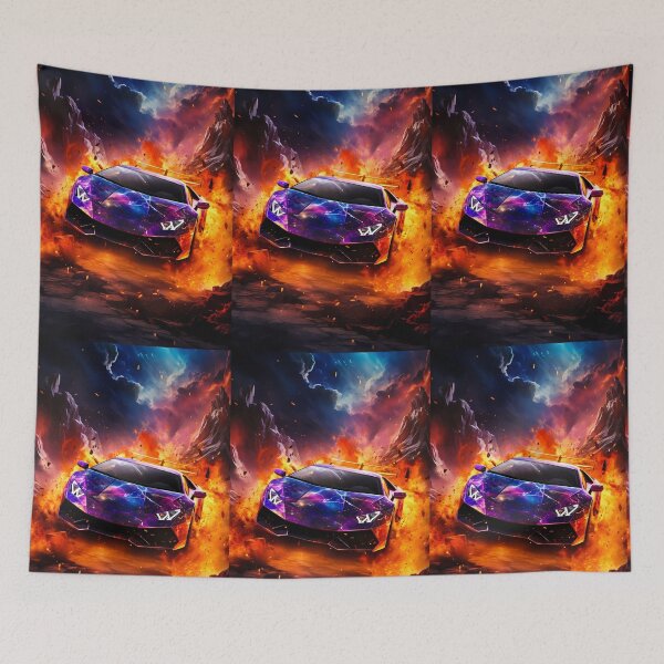Item preview, Fiery Purple Supercar Exploding Through Volcanic Mountain Flame Storm designed and sold by RevUpDesign.