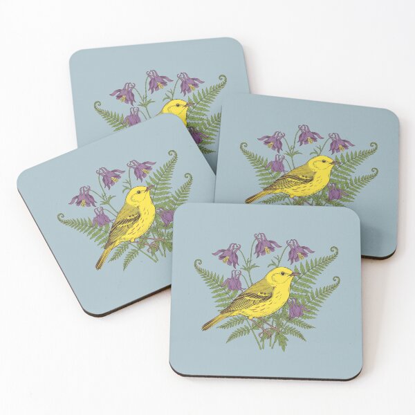 Item preview, Vintage Yellow Warbler Purple Columbine designed and sold by BirdsnStuff.