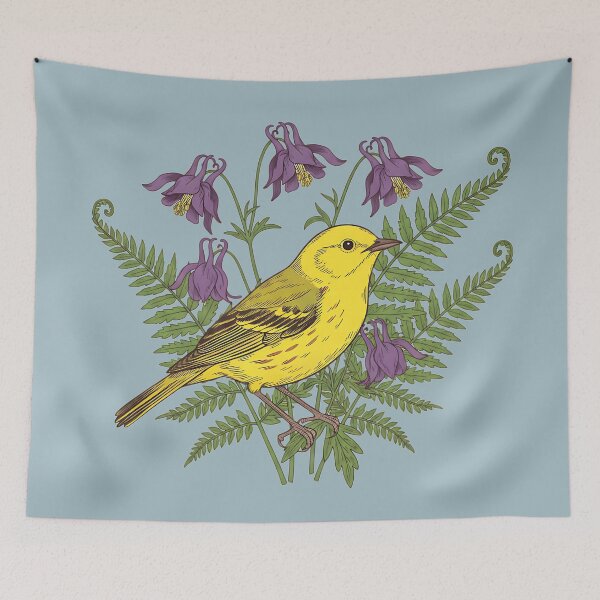 Item preview, Vintage Yellow Warbler Purple Columbine designed and sold by BirdsnStuff.