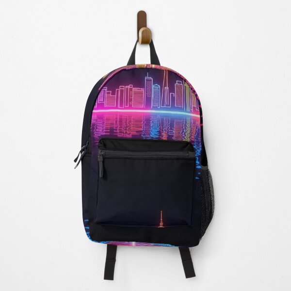 Item preview, Minimal neon-outline of a city skyline reflected on water with grain texture. designed and sold by zeeshandesign99.