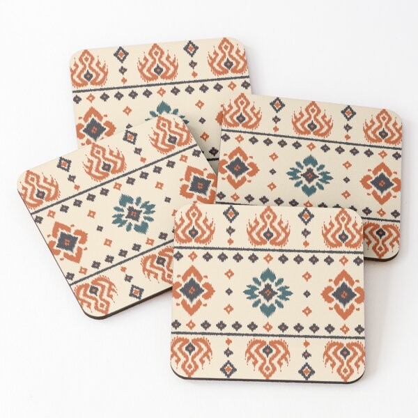 Item preview, Seamless ikat pattern with ethnic geometric motifs in warm orange and dark blue tones, traditional tribal textile design for fabric, wallpaper, background. designed and sold by Opart Srinok.