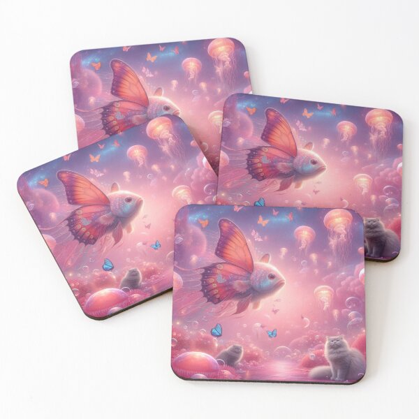 Item preview, Surreal underwater world with butterfly fish, glowing jellyfish, and two dreaming cats on coral. designed and sold by FotoworldEdel.