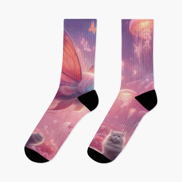 Item preview, Surreal underwater world with butterfly fish, glowing jellyfish, and two dreaming cats on coral. designed and sold by FotoworldEdel.